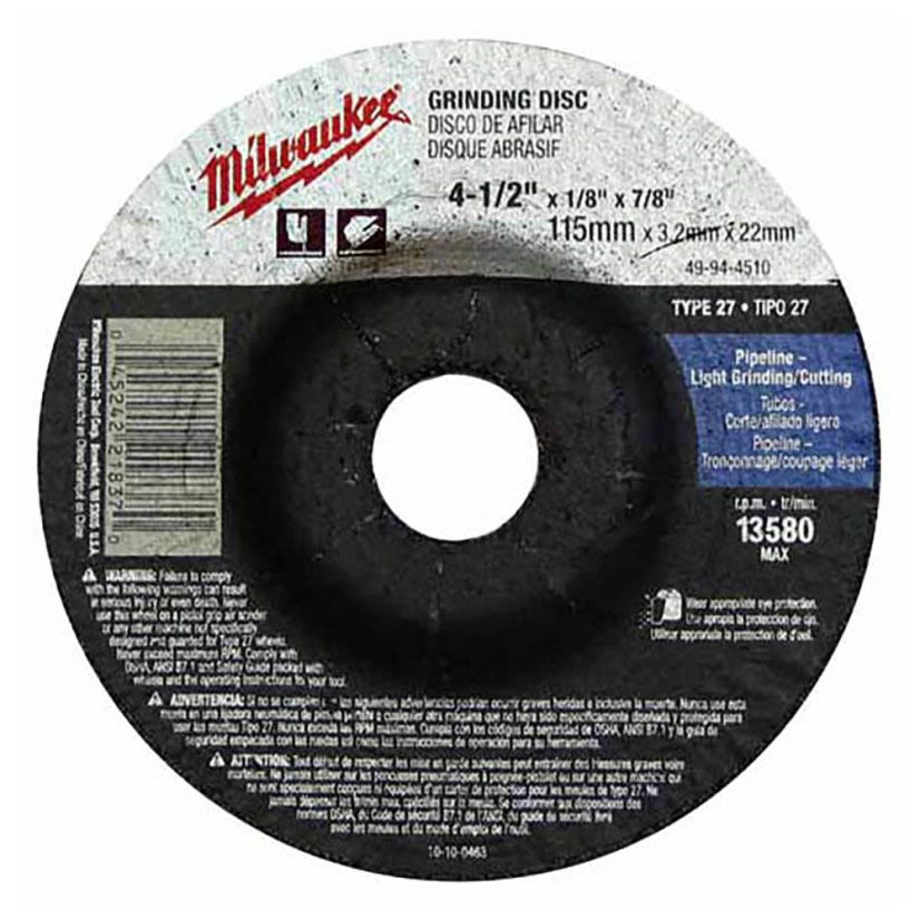 Milwaukee 49-94-4520 Type 27 Reinforced Grinding Disc, 4-1/2 in Dia x 1/4 in THK, 7/8 in Center Hole, 24 Grit, Aluminum Oxide Abrasive